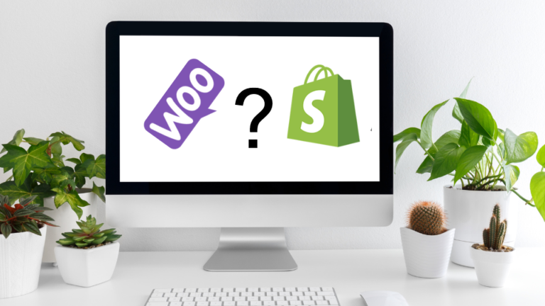 Computador con la pregunta ¿WooCommerce o Shopify?