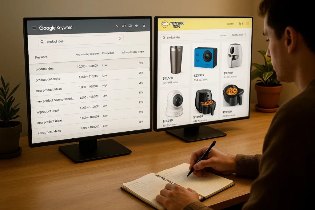 Imagen de ia de pantalla de mercadolibre y keyword planner de google
