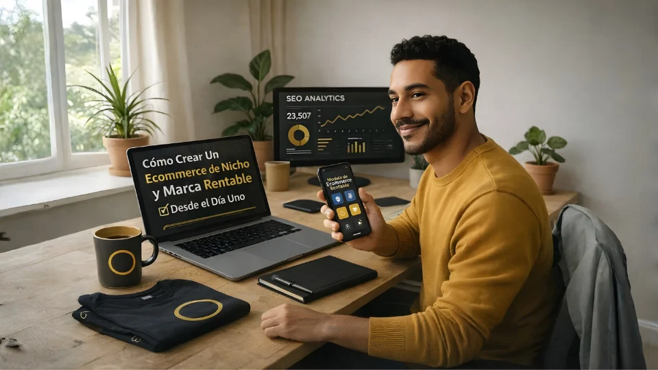 Emprendedor trabajando en ecommerce de nicho con marca y análisis de métricas en su oficina